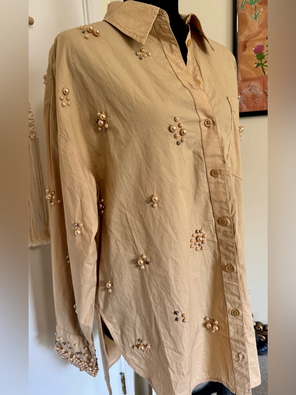 Anthropologie Beige Pearl-Embellished Button Down Shirt